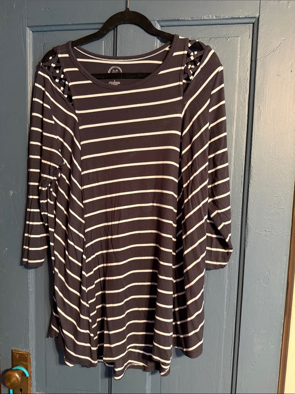 Striped charcoal and White Women’s Tunic Top - Casual 3/4 Sleeve